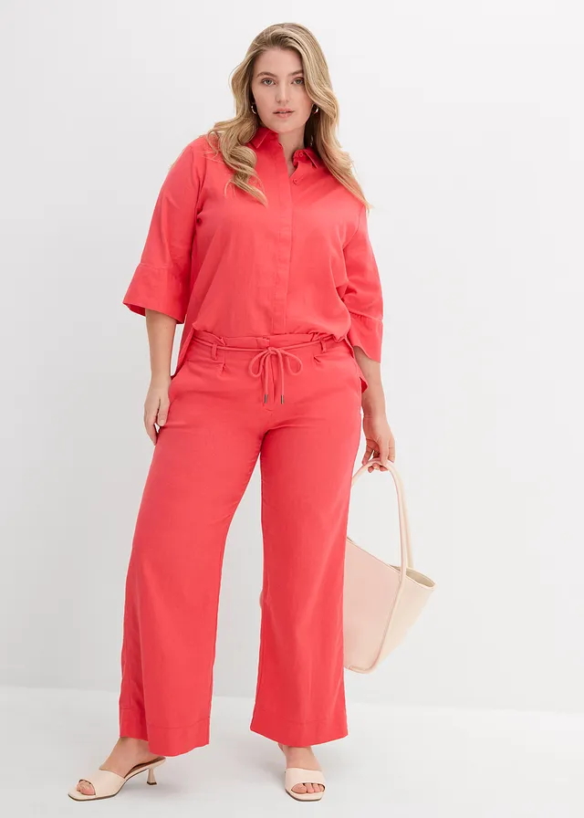 Paperbag broek van luchtige linnenmix, Kleur: paradijspink