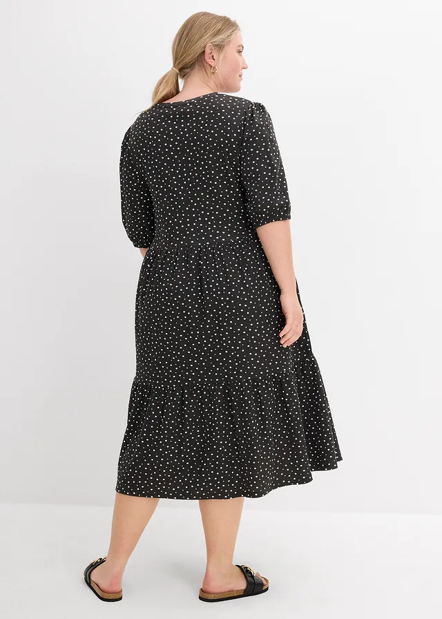 Robe en jersey 100% coton, Couleur: noir pois écru