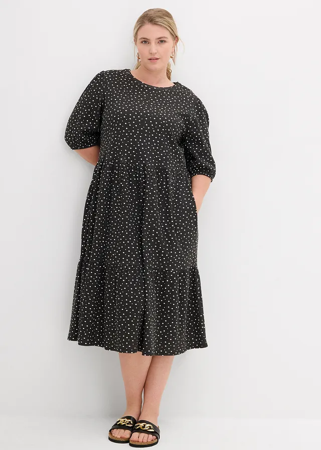 Robe en jersey 100% coton, Couleur: noir pois écru
