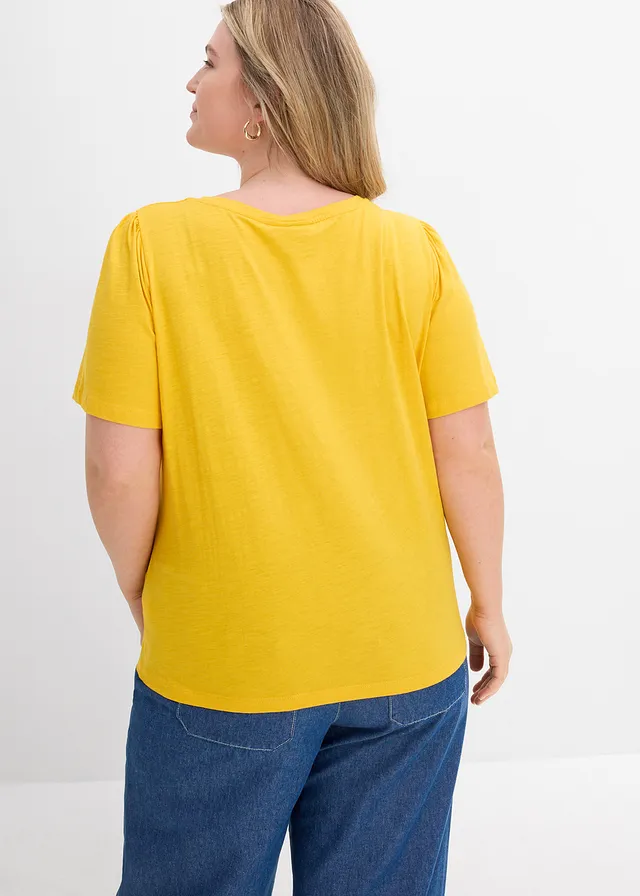 T-shirt van katoen, Kleur: saffraangeel