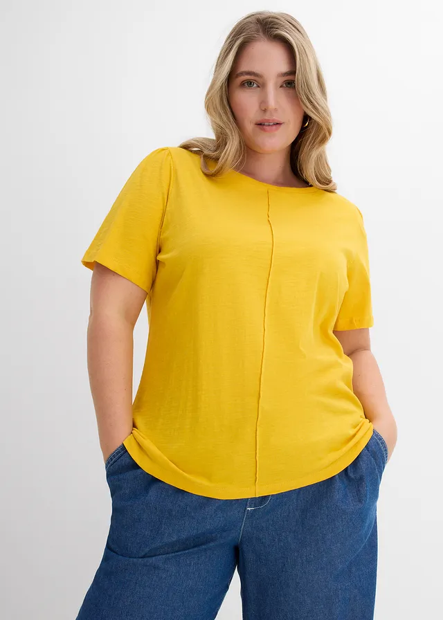 T-shirt van katoen, Kleur: saffraangeel