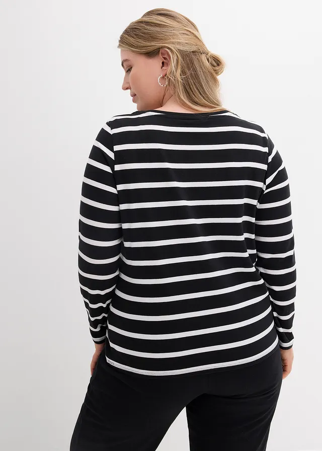 T-shirt col Henley, 100% coton, Couleur: noir/blanc rayures