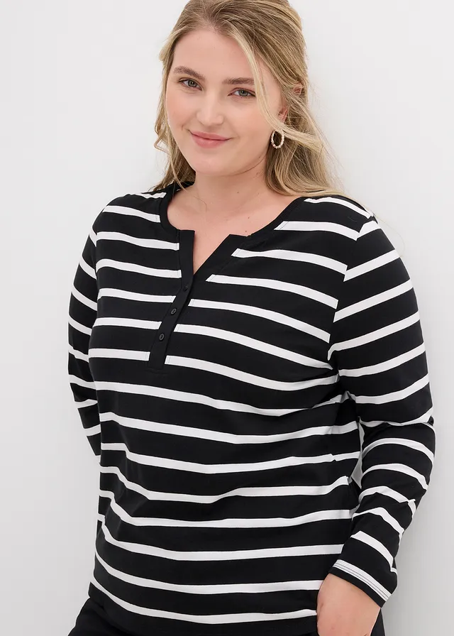 T-shirt col Henley, 100% coton, Couleur: noir/blanc rayures
