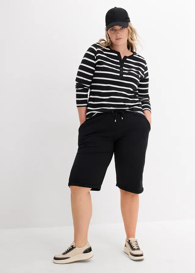 T-shirt col Henley, 100% coton, Couleur: noir/blanc rayures