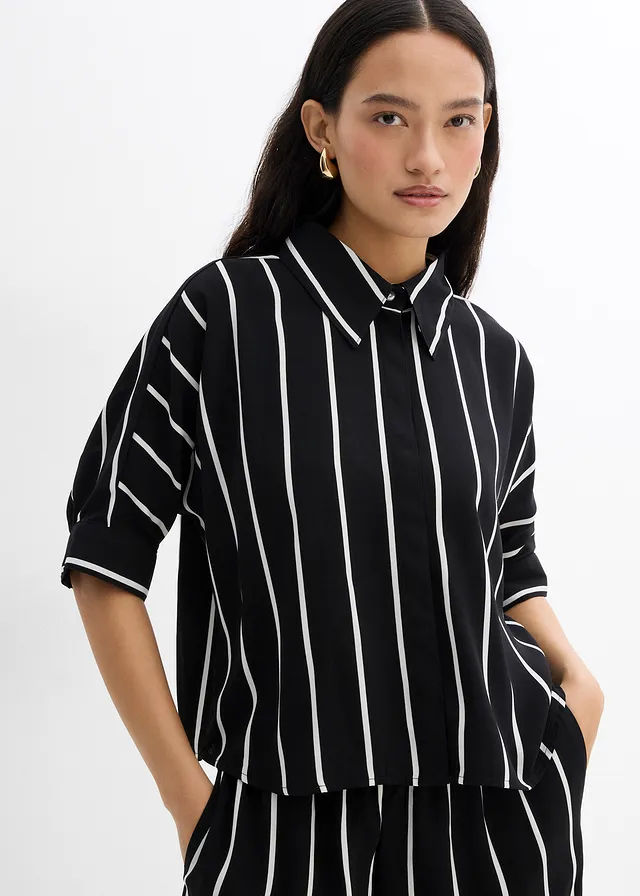 Blouse met korte mouwen van gestructureerde crêpe, Kleur: zwart-wolwit gestreept
