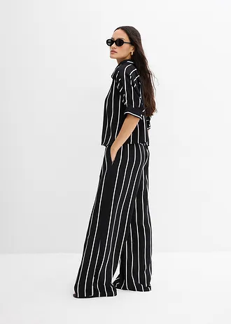 Chemisier manches courtes en crêpe texturé, Couleur: noir-écru rayé