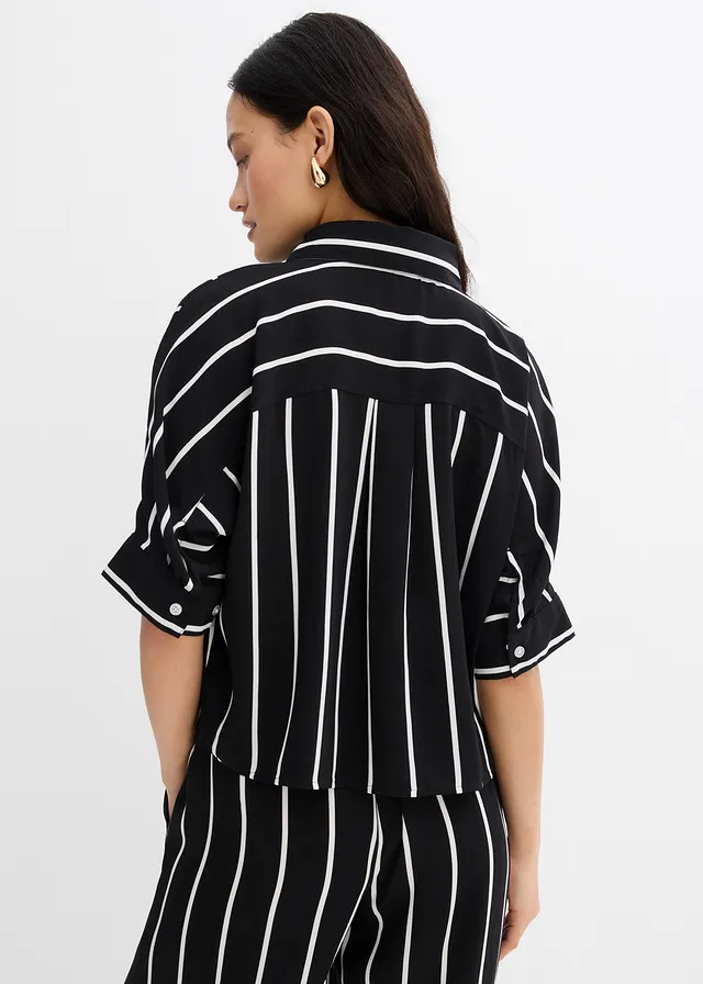 Chemisier manches courtes en crêpe texturé, Couleur: noir-écru rayé