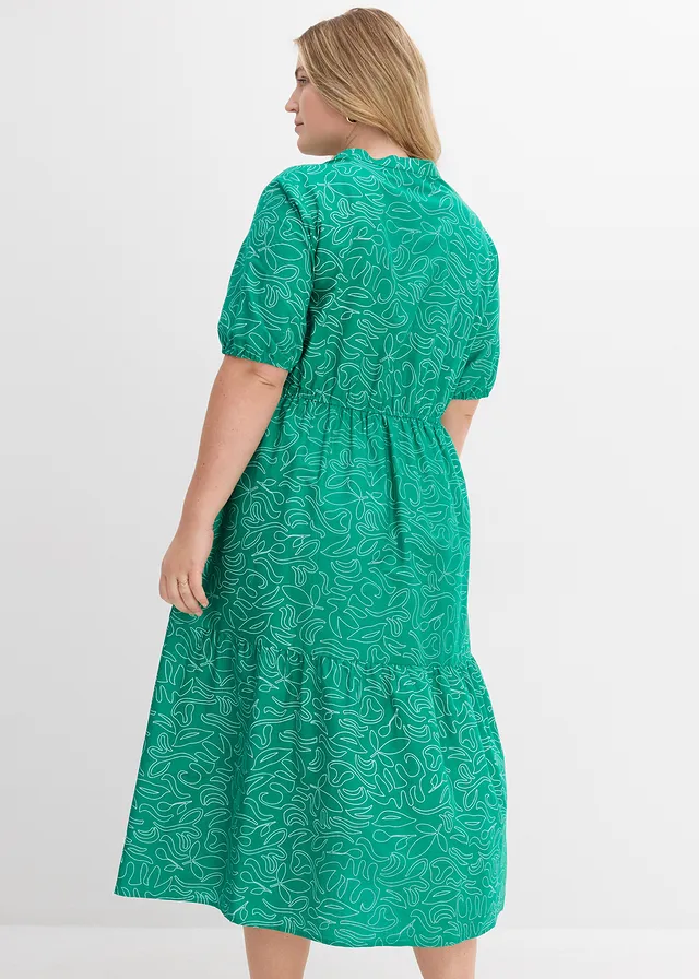 Robe midi ample, 100% coton, Couleur: vert menthe/écru imprimé
