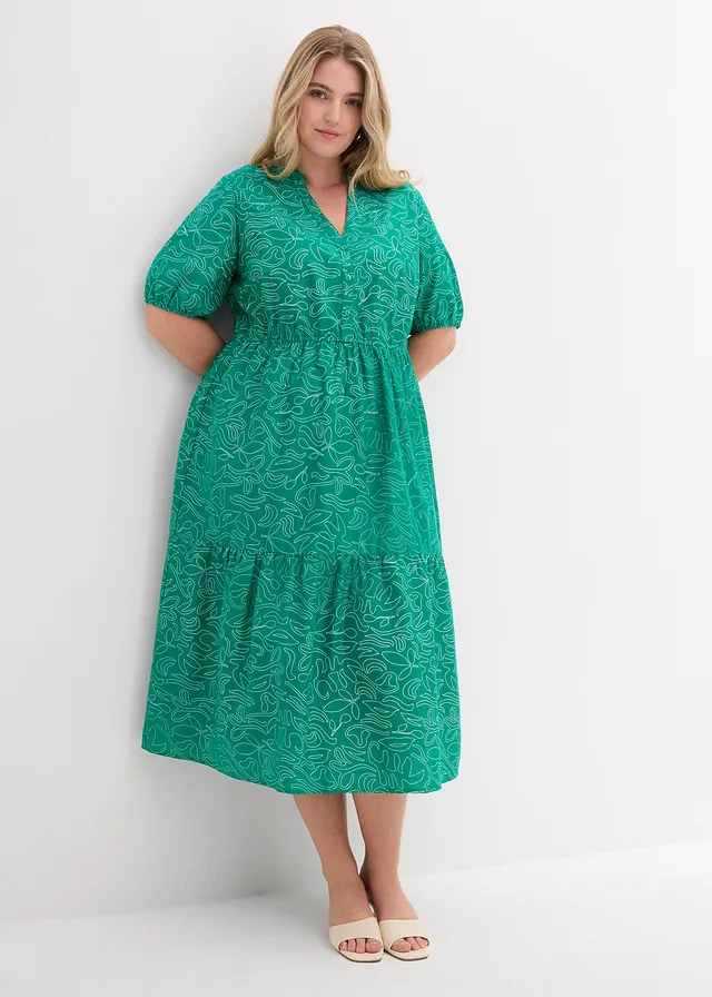Robe midi ample, 100% coton, Couleur: vert menthe/écru imprimé