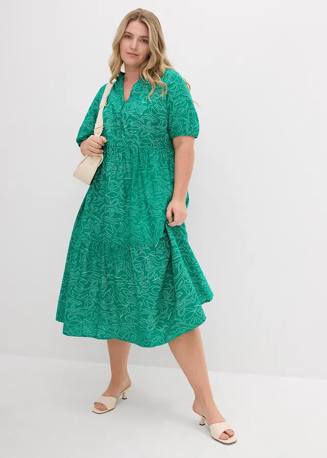 Robe midi ample, 100% coton, Couleur: vert menthe/écru imprimé