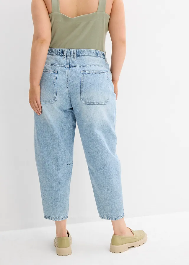 Barrel jeans mid waist, comfortabele tailleband, cropped, Kleur: ijsblauw denim used