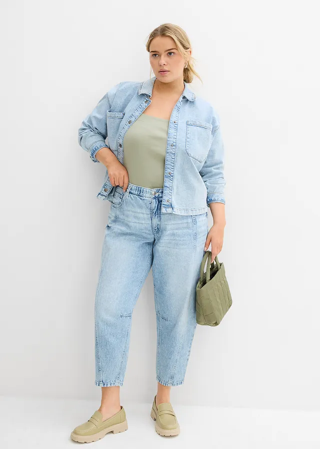 Barrel jeans mid waist, comfortabele tailleband, cropped, Kleur: ijsblauw denim used