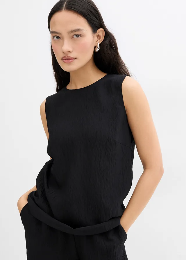 Blousetop van een crinkle-viscosemix, Kleur: zwart