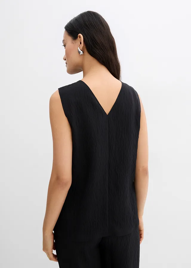 Top en viscose mélangée, effet froissé, Couleur: noir