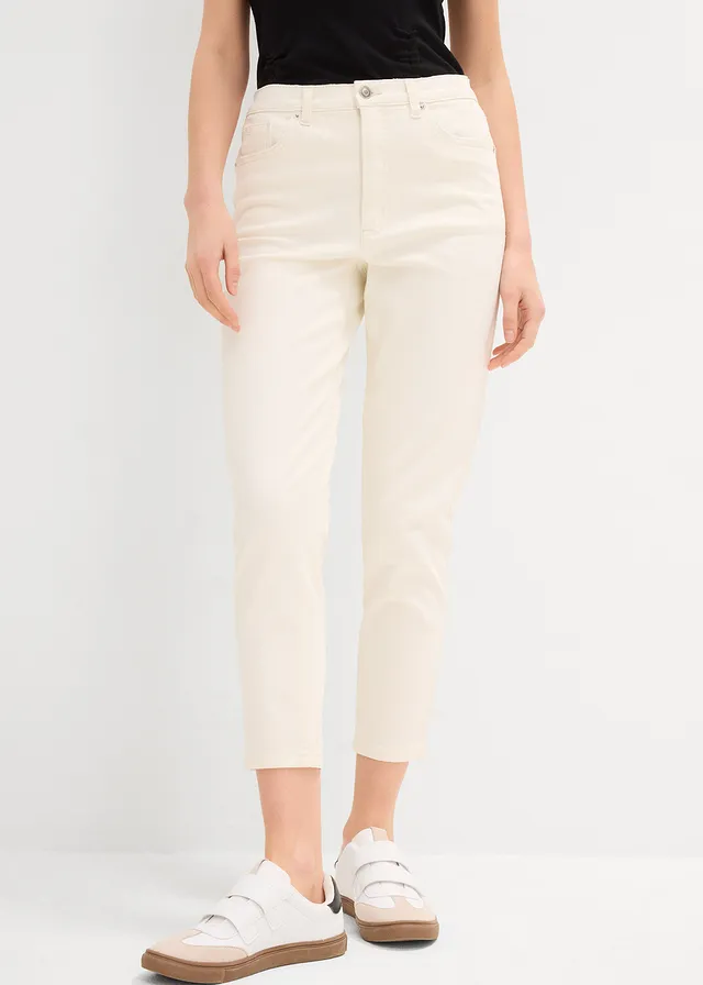 Mom jeans, high waist, low stretch cropped, Kleur: wolwit