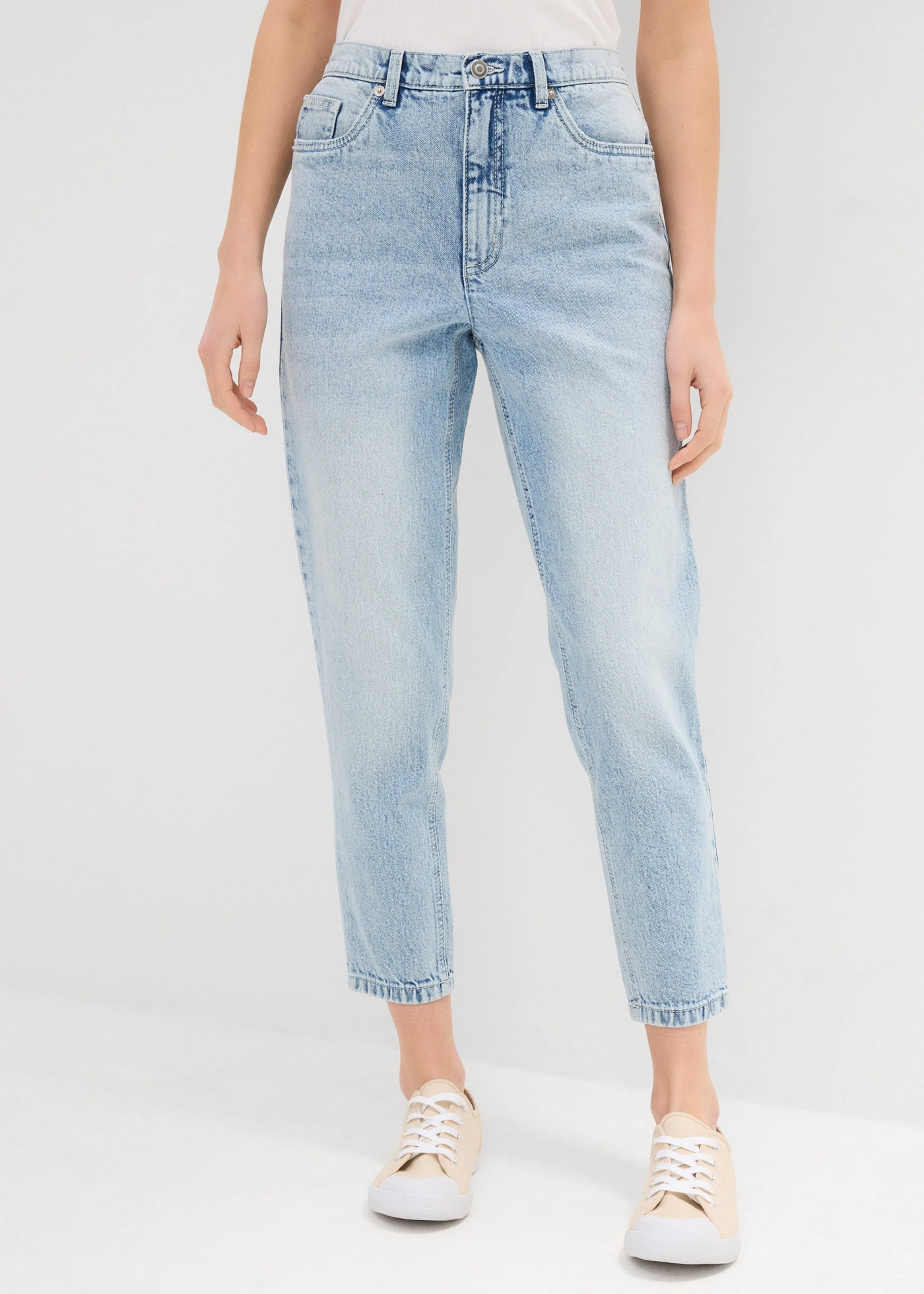 Džíny Mom, High Waist, nízký podíl streče, zkrácené • ledově modrý denim used • bonprix obchod