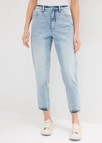 Jean mom taille haute, cropped, peu extensible, Couleur: bleu glacier denim used