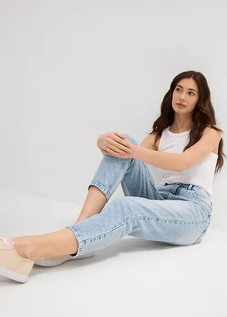 Mom jeans, high waist, low stretch cropped • ijsblauw denim used • bonprix online shop