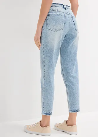 Jean mom taille haute, cropped, peu extensible, Couleur: bleu glacier denim used