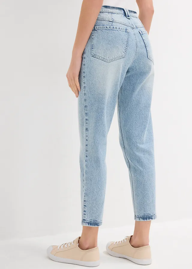 Mom farmer, High Waist, Low Stretch, rövidített • jégkék denim, használt hatású • bonprix áruház