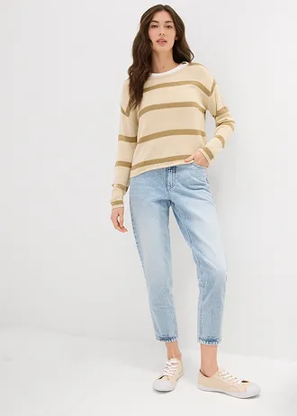 Jean mom taille haute, cropped, peu extensible, Couleur: bleu glacier denim used