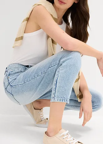 Džíny Mom, High Waist, nízký podíl streče, zkrácené • ledově modrý denim used • bonprix obchod