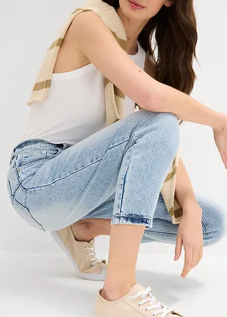 Jeasy mom, high waist, low stretch, cropped • lodowy niebieski denim "used" • sklep bonprix