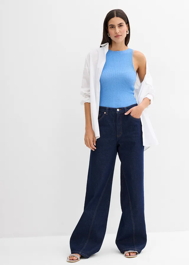 Az alakot formáló kötött top viszkóz-keverékből sötétkék denim, használt hatású