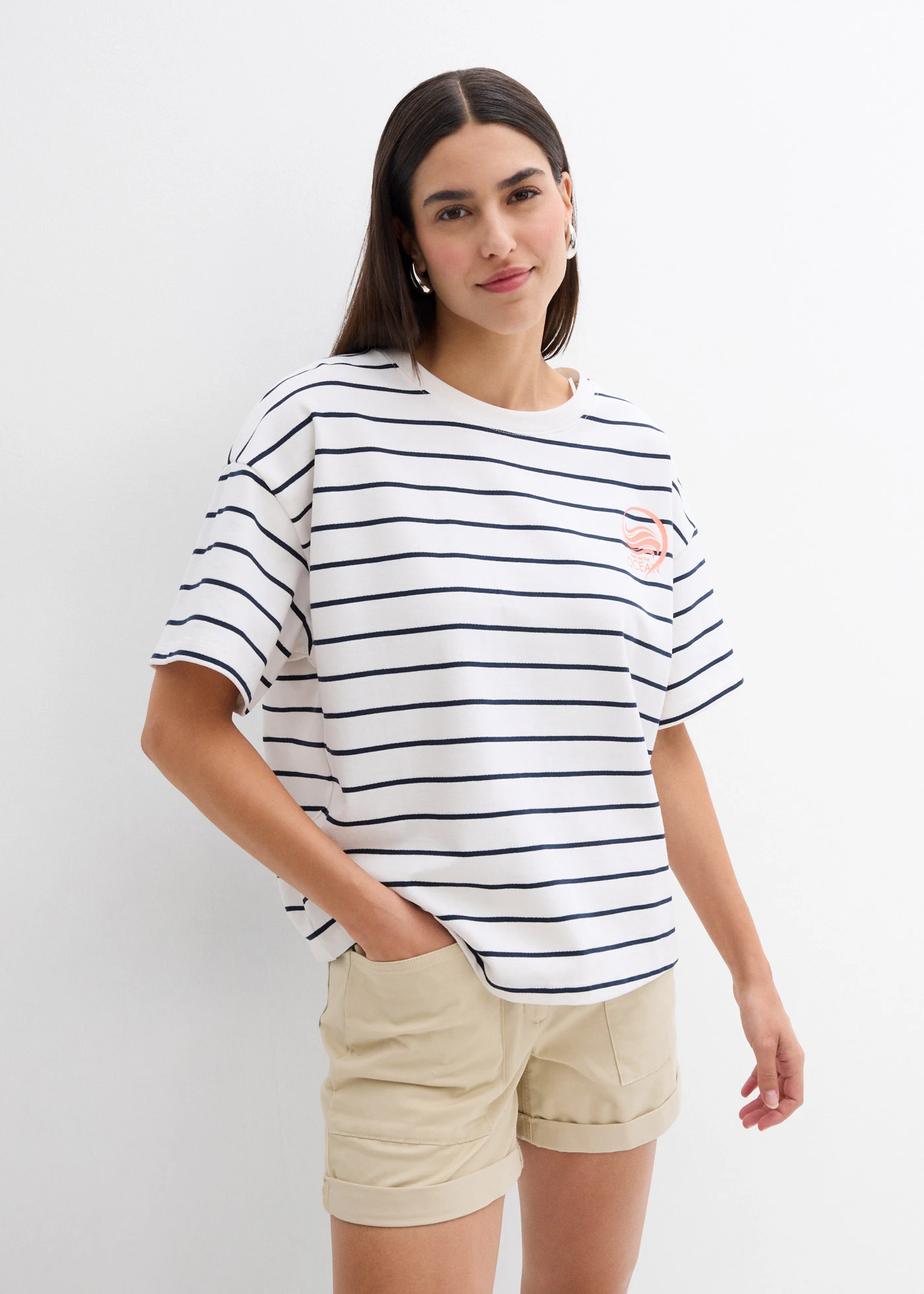 Bluza z miękkiego materiału z domieszką bawełny • biel wełny - ciemnoniebieski w paski • sklep bonprix