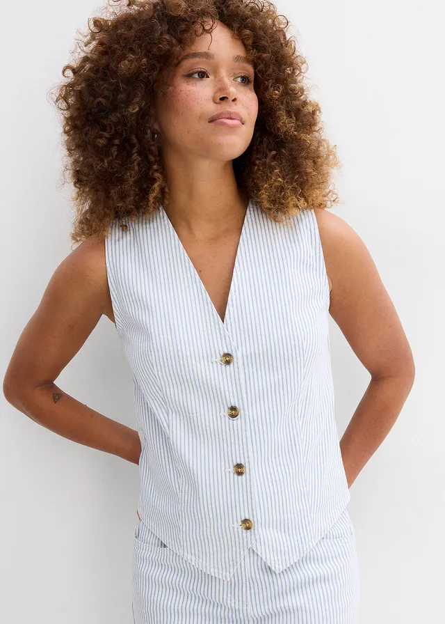 Gilet sans manches rayé en jean, Couleur: blanc rayé