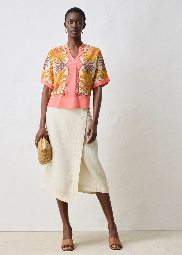 Blouse en soie mélangée saumon clair-curry