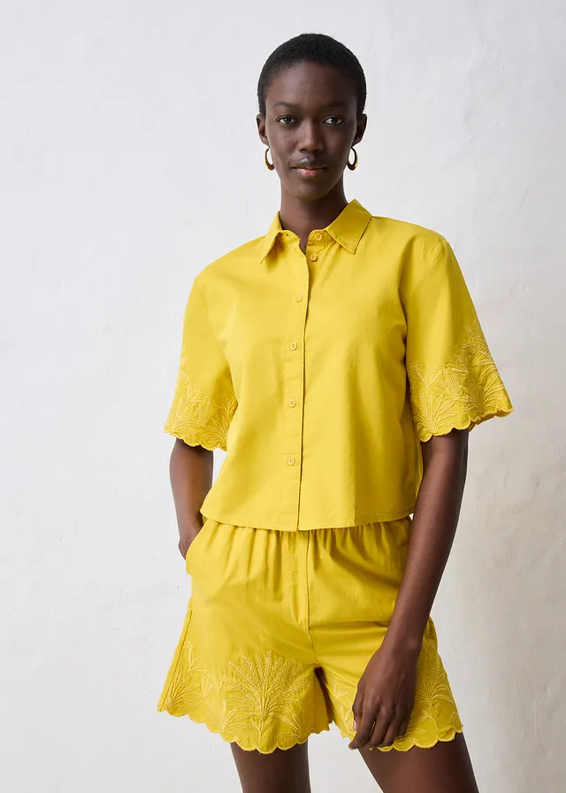 Cropped overhemdblouse met zijde, Kleur: lemoncurry