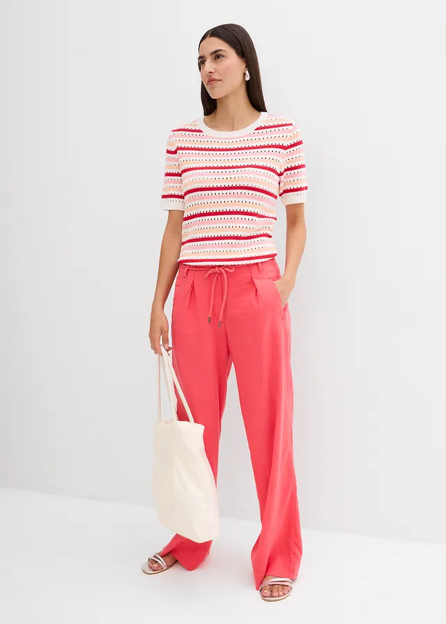 Paperbag broek van luchtige linnenmix, Kleur: paradijspink