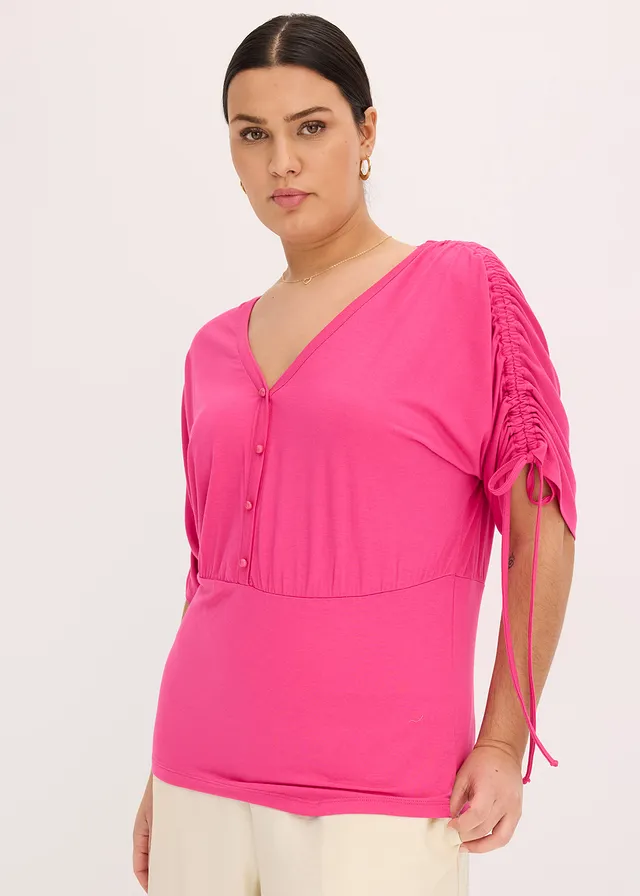 T-shirt à boutons décoratifs, Couleur: fuchsia