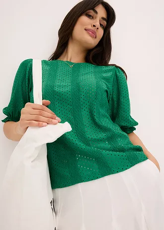 Shirt met broderie anglaise en volants • edelsteengroen • bonprix online shop