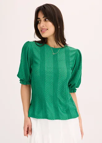 Shirt met broderie anglaise en volants • edelsteengroen • bonprix online shop