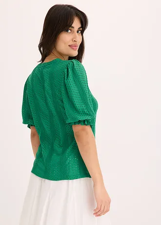 Shirt met broderie anglaise en volants • edelsteengroen • bonprix online shop