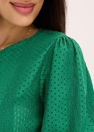 Shirt met broderie anglaise en volants • edelsteengroen • bonprix online shop