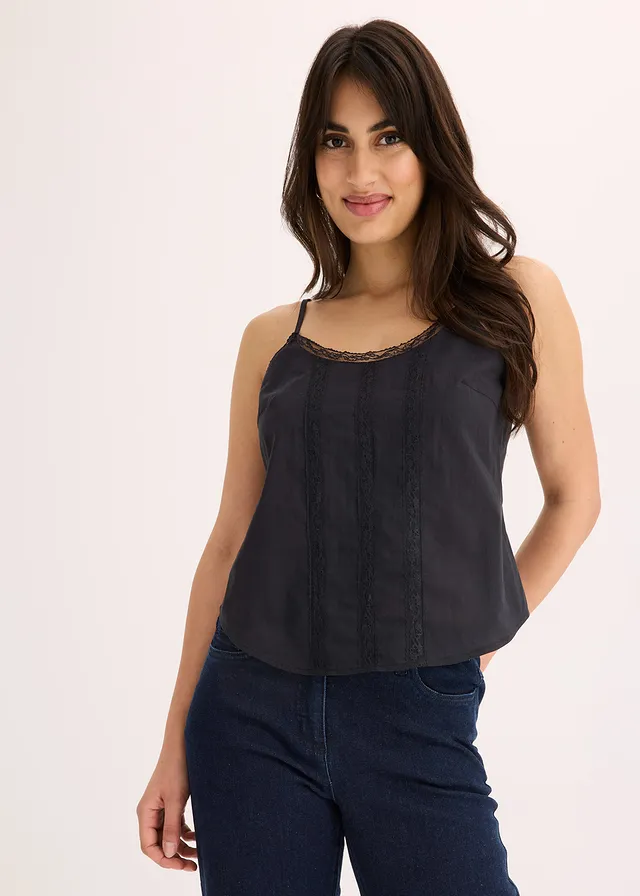 Blousetop met broderie anglaise, Kleur: zwart