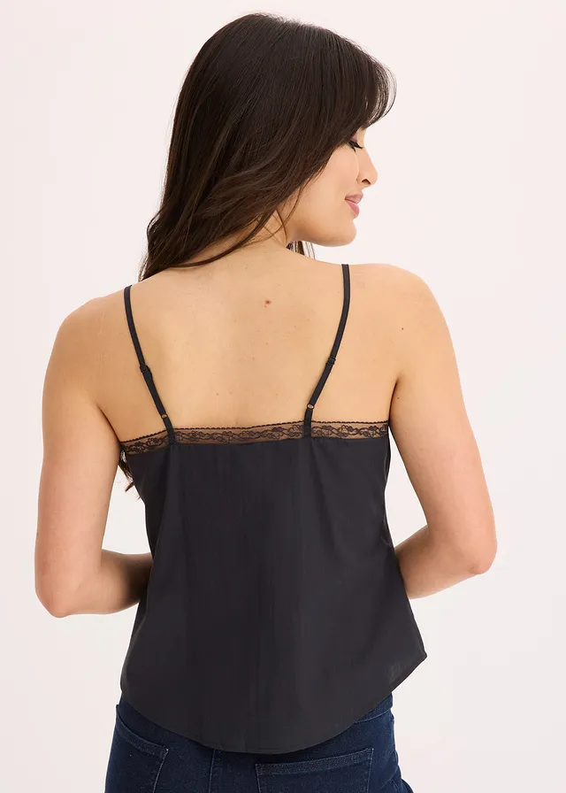 Blousetop met broderie anglaise, Kleur: zwart