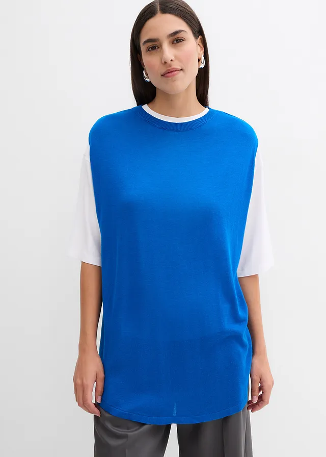 Ballonvormige gebreide top van fijne viscose, Kleur: azuurblauw
