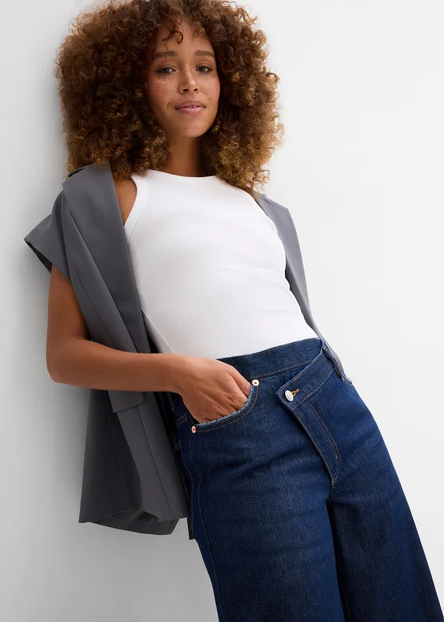 Wide leg jeans, mid waist, low stretch • diepblauw denim ongewassen • product-page.page-title-suffix