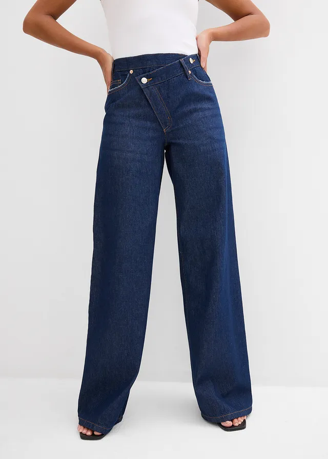 Wide leg jeans, mid waist, low stretch, Kleur: diepblauw denim ongewassen