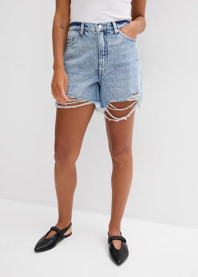 Jeans short high waist, low stretch, Kleur: ijsblauw denim used