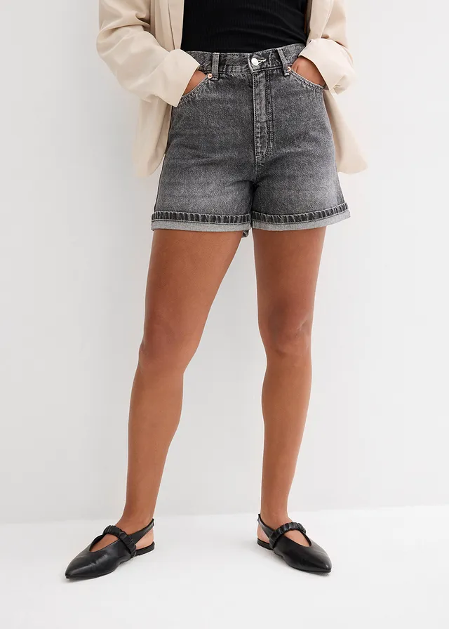 Jeans short high waist, low stretch, Kleur: zwart denim used