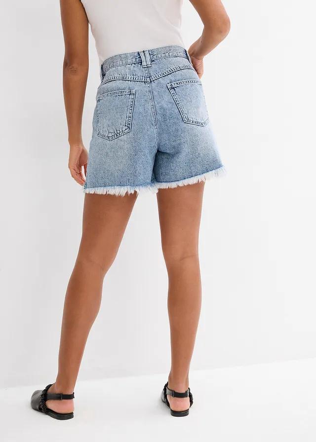 Jeans short high waist, low stretch, Kleur: ijsblauw denim used