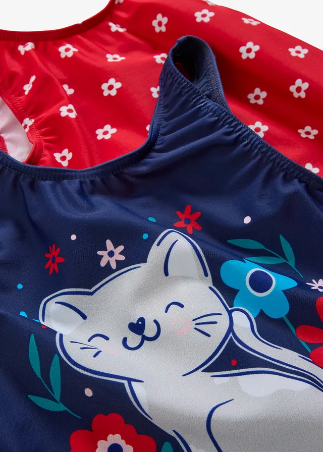 Badpak (set van 2) • aardbeirood gebloemd-middernachtblauw met print • bonprix online shop