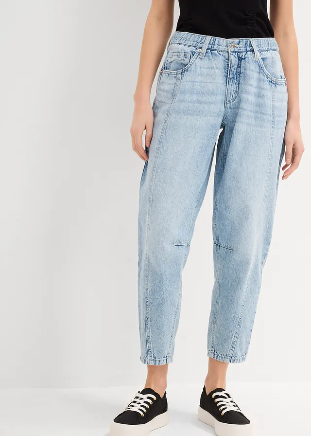 Jean barrel taille mi-haute, cropped, Couleur: denim bleu glacier used