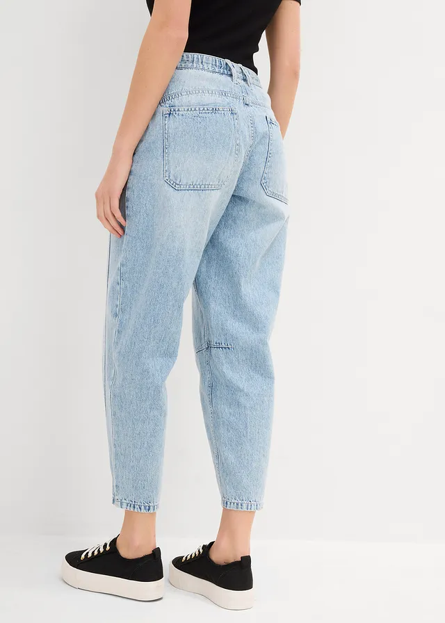 Jean barrel taille mi-haute, cropped, Couleur: denim bleu glacier used