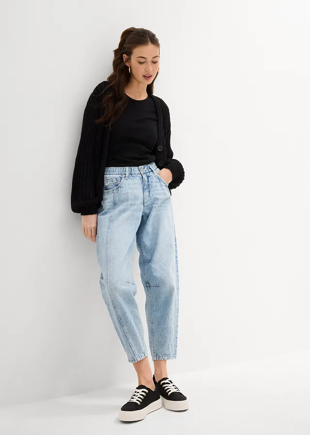 Jean barrel taille mi-haute, cropped, Couleur: denim bleu glacier used